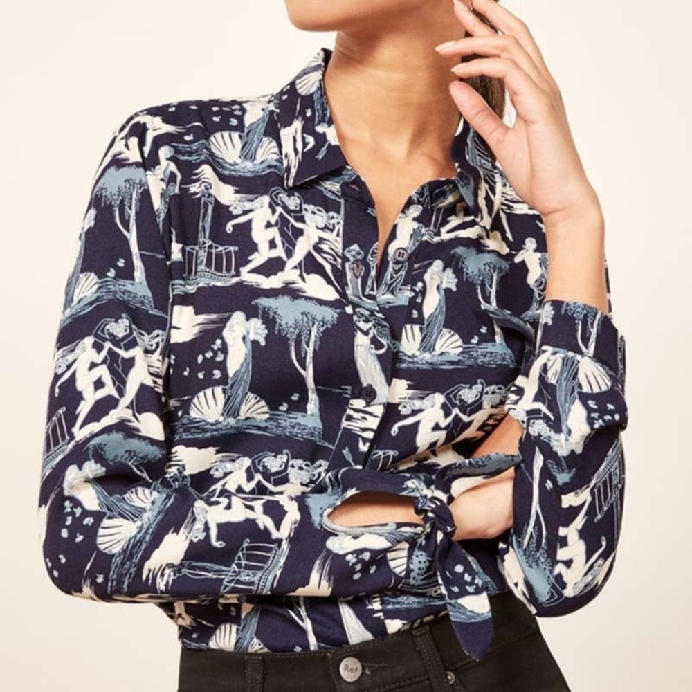 Reformation Corinne Button Up Printed Shirt Grecian Delphi Size L